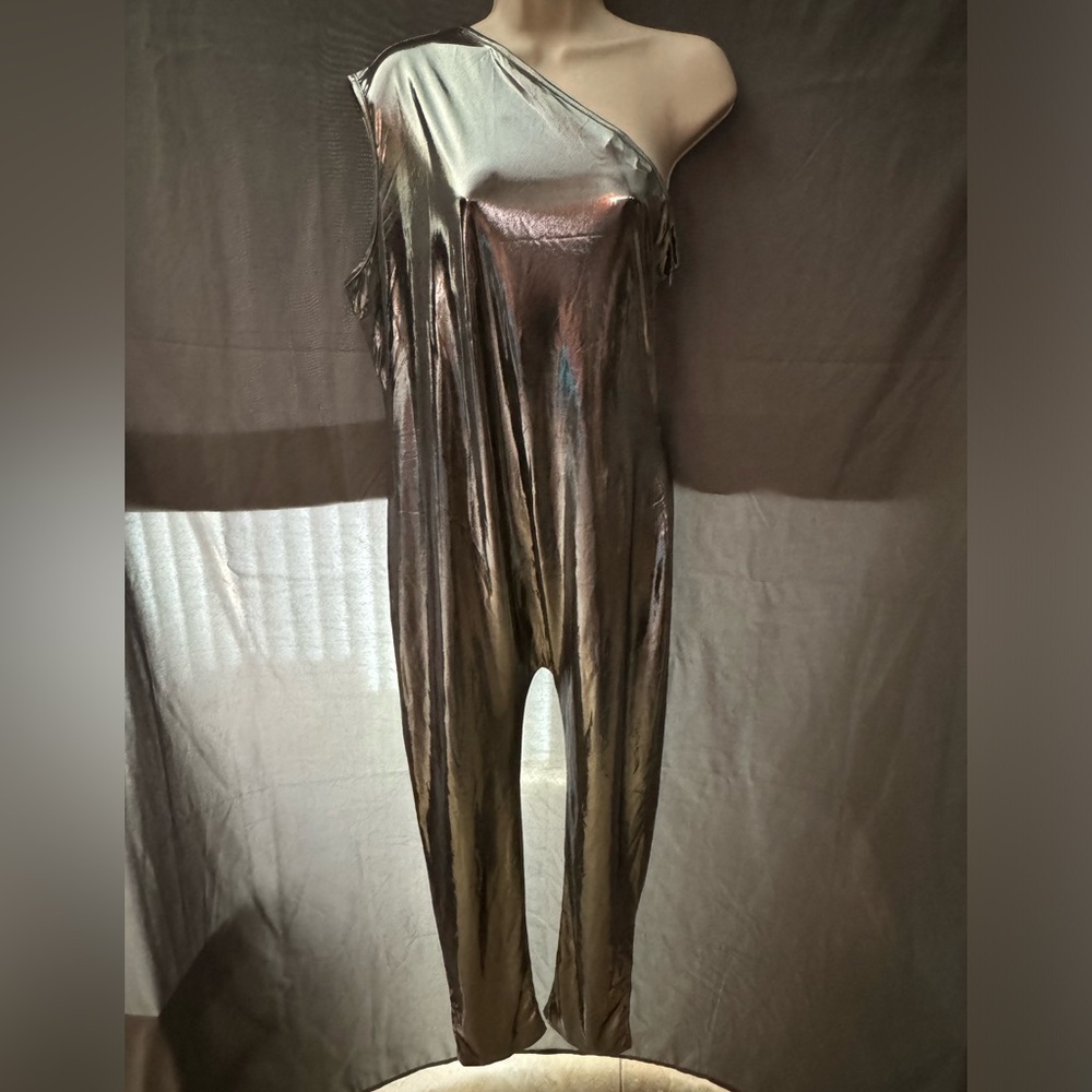 NWOT Shiny Silver Romper Bodysuit Sleeveless One Shoulder XXL Halloween Cosplay